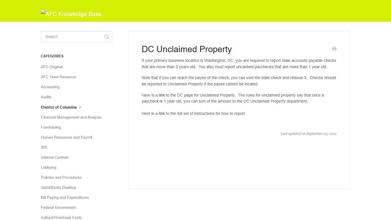 DC Unclaimed Property - AFC Knowledge Base